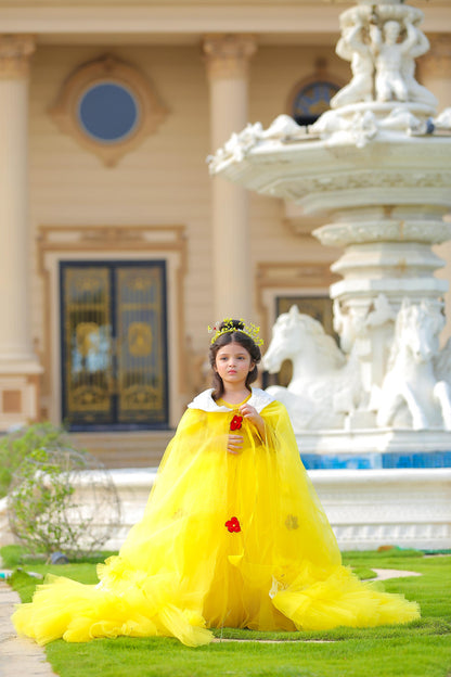 A person wearing a yellow dress with a net and silk fabric, featuring a floral pattern, standing in front of a fountain.