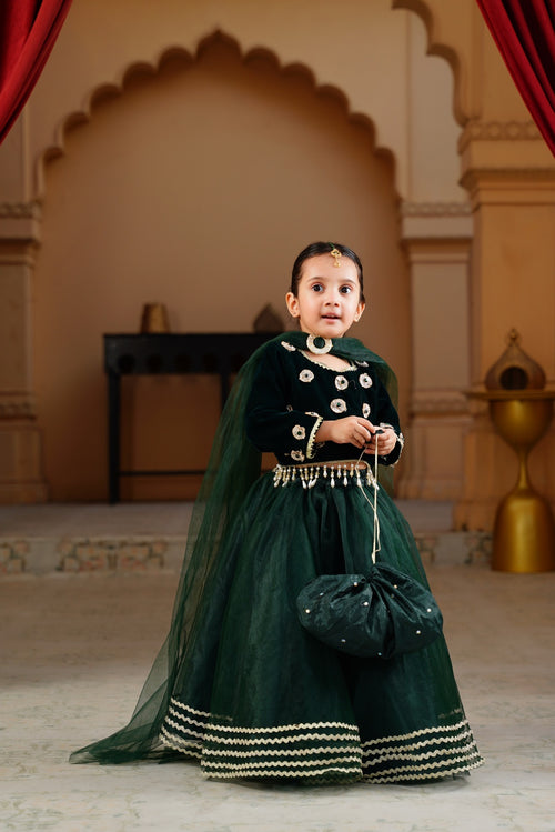Andaz dark green velvet lehenga choli front view