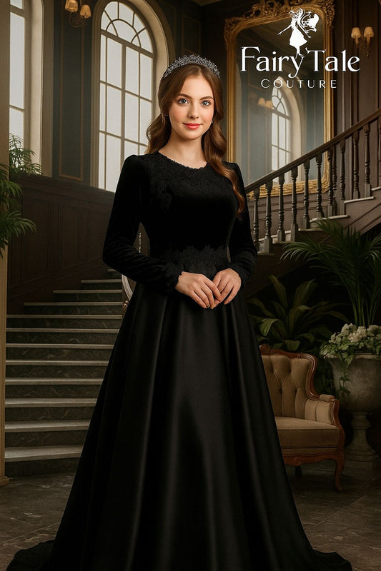 Woman in a black dress standing in an elegant interior setting with 'Fairy Tale Culture' branding.