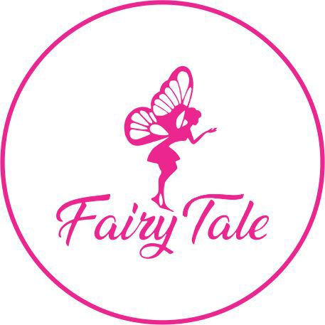 Logo with a fairy silhouette and 'Fairy Tale' text inside a pink circle on a white background