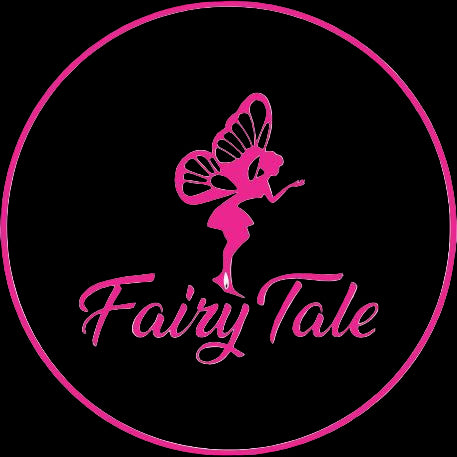 Logo with a fairy silhouette and 'Fairy Tale' text inside a pink circle on a white background